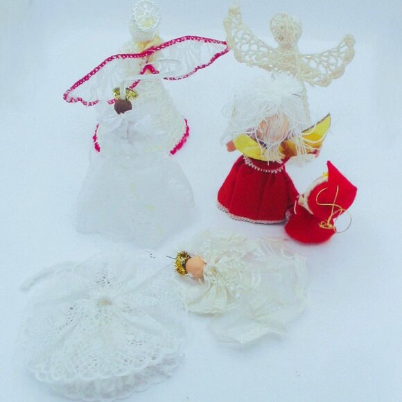 Vtg Crocheted Angel Felt Christmas Ornaments Tree Topperset 7 - Picture 2 of 2